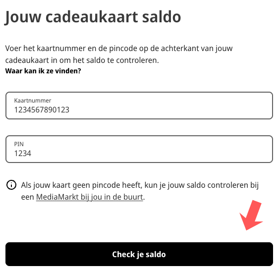Gegevens invullen in de MediaMarkt Cadeaukaart saldo checker.